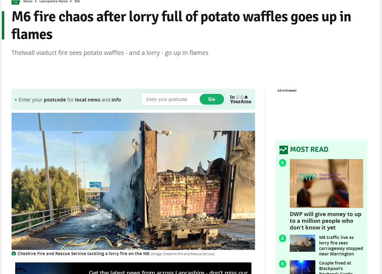 Waffle Fire on the M6 causes morning delays